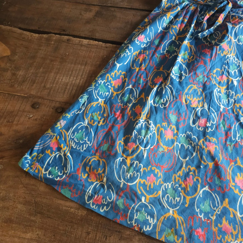 Vintage 1970s Blue Abstract Floral Wrap Skirt A-Line Boho Cotton Midi Skirt - Picture 2 of 13